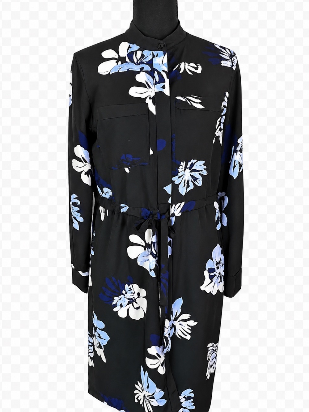 Banana Republic XS Long Sleeve Collared Floral Shirt Dress Navy Blue White